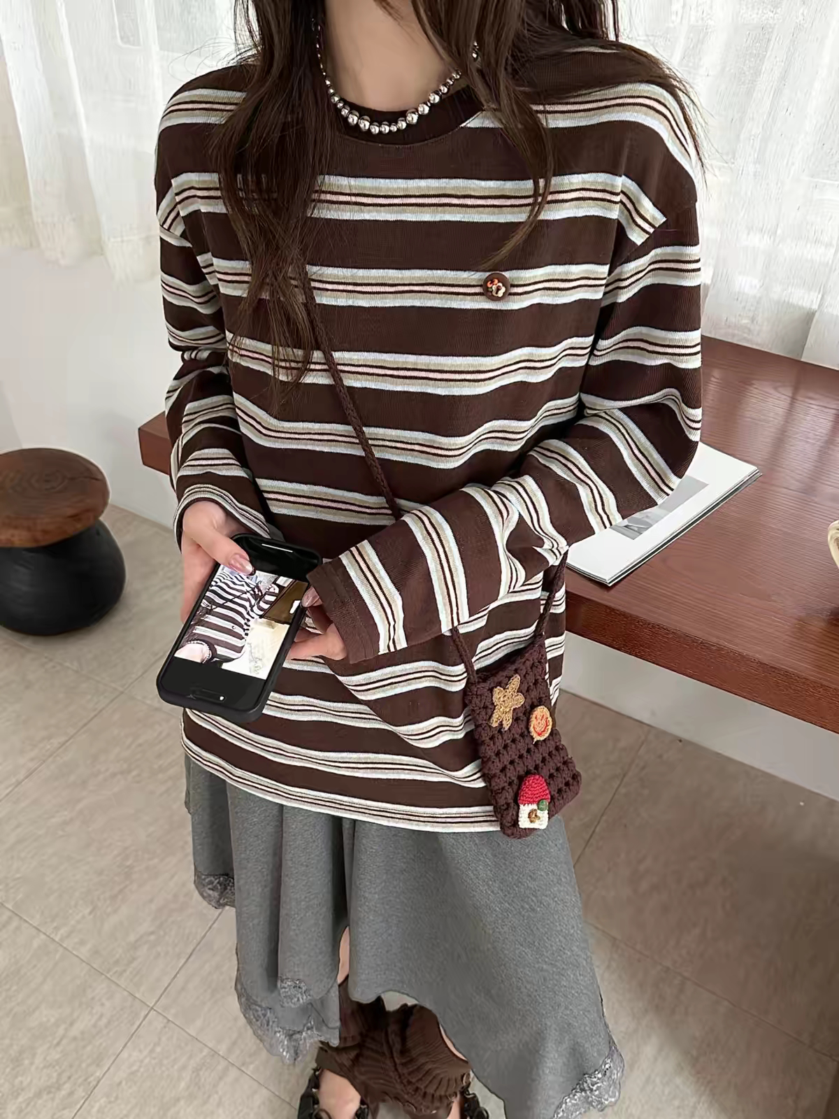2026秋季上新卓娃同款韩版宽松洋气中长显瘦条纹长袖T恤女打底衫
