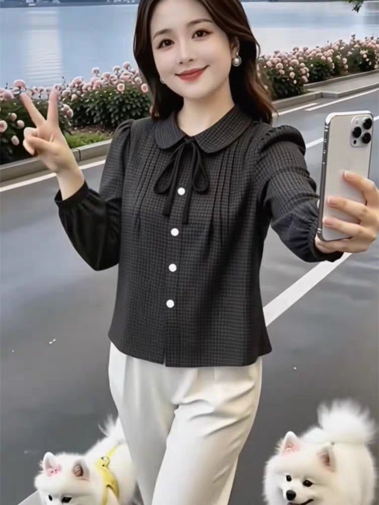 法式复古格子娃娃领长袖衬衫女2026秋宽松小众设计感系带减龄上衣