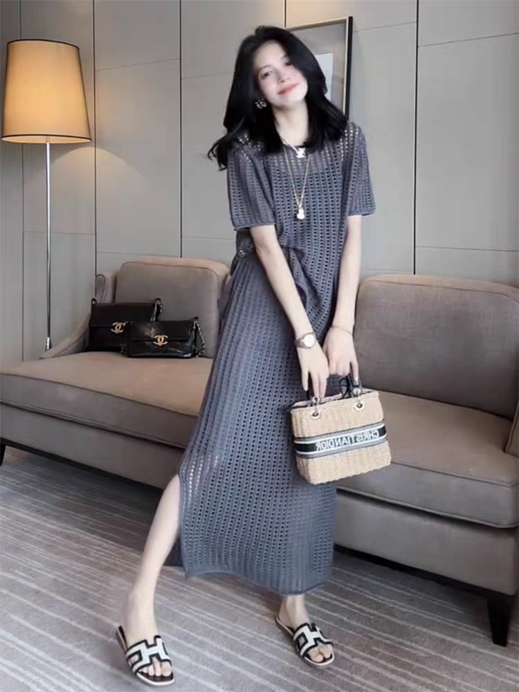 欧货洋气优雅镂空针织套装裙女春夏季新款休闲圆领纯色上衣半身裙