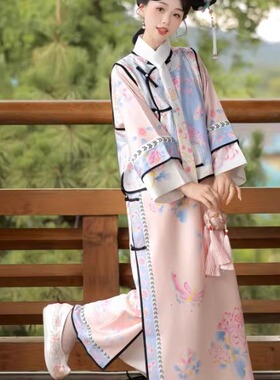 蝴蝶新款清代格格服新中式宫廷风斜襟清朝服饰旗装国风汉服女套装