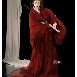 原创汉服复原战国袍秋冬飘逸国风红色婚花嫁古风侠女演出仙气拖尾