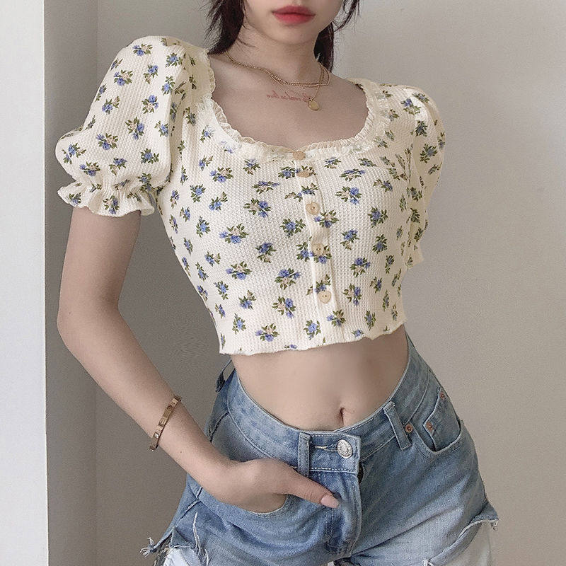 2023夏季美式复古风碎花华夫格短款T恤女方领泡泡袖露肚脐上衣潮