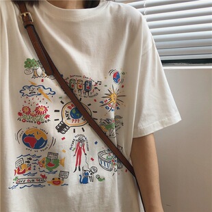 白色短袖T恤女装2023夏季新款韩国宽松印花学生百搭上衣服女