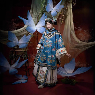 清汉女晋商少奶奶清朝贵妃斜襟印花套装清代古装蓝色汉服立领徽商