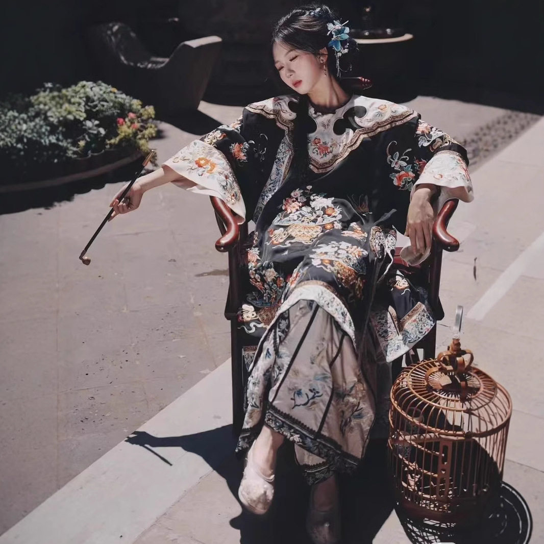 清汉女晋商少奶奶清朝服装立领黑色两件套装清朝满清宫廷旗装格格