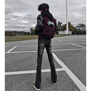 闪电纹高弹力微喇牛仔裤男款vibe裤子美式高街修身显腿长微喇裤子