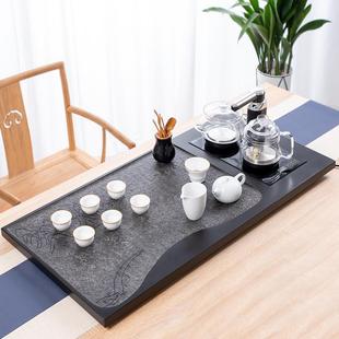 一体家用石头茶台全自动烧水壶功夫茶具茶海 乌金石茶盘电磁炉套装