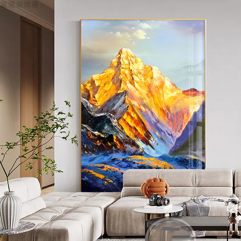 日照金山背靠金山晶瓷镶钻画浮雕画走廊玄关装饰画带框挂画艺术画图片