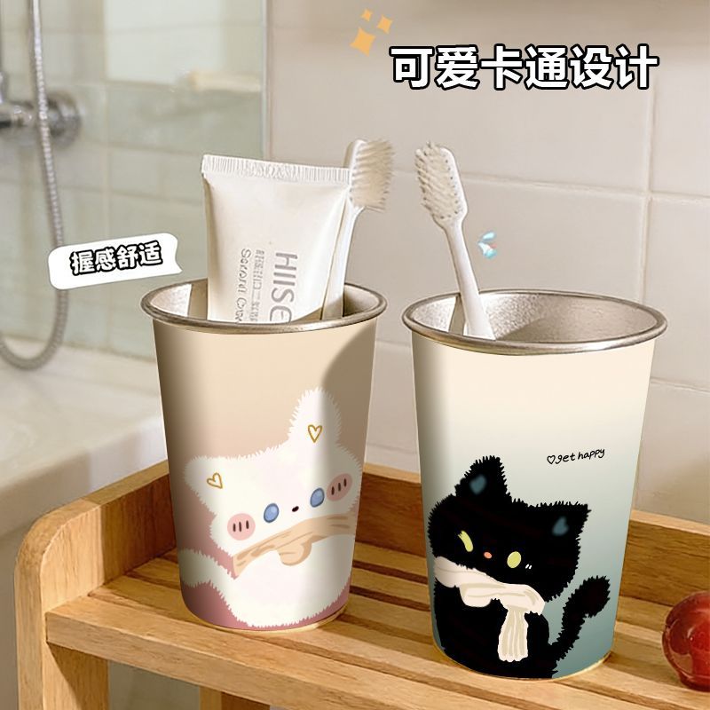 卡通黑白猫咪创意牙刷漱口杯304不锈钢加厚情侣学生宿舍儿童洗漱