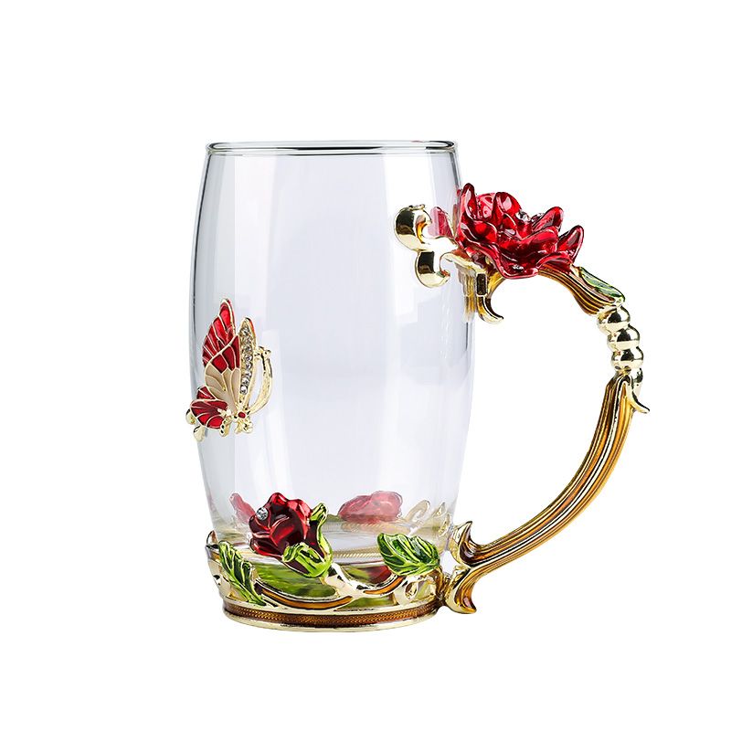 珐琅彩玫瑰玻璃杯 创意花茶咖啡泡茶杯