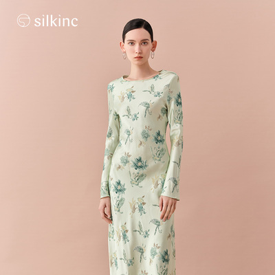 丝所山海系列-谷雨蝶恋花印花桑蚕丝真丝喇叭袖丝绸圆领修身长裙