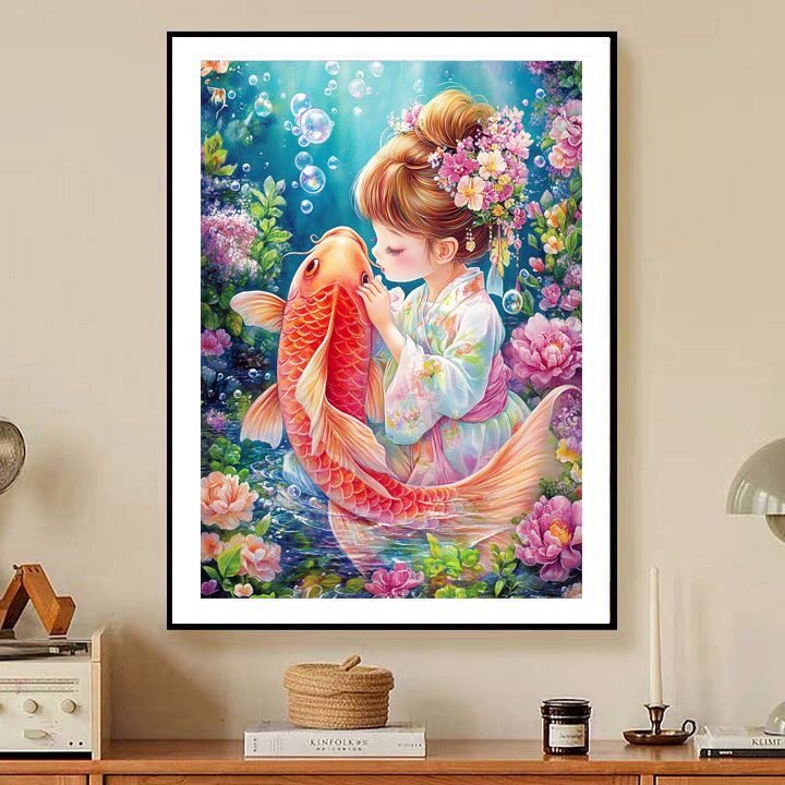 2025新款女孩与锦鲤钻石画客厅卧室diy手工点钻贴钻石绣带框贴画