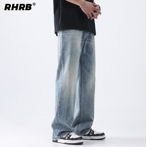 RHRB男士浅色直筒微喇叭牛仔裤男春季新款2026痞帅美式裤子男春秋
