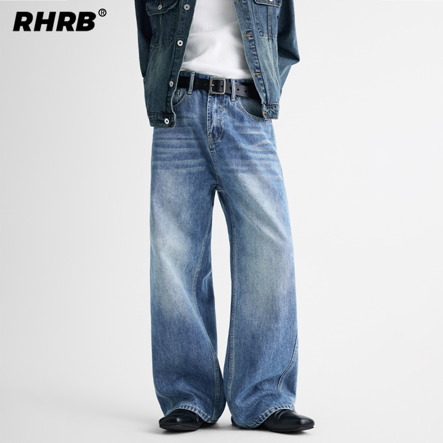 RHRB男士直筒宽松a字阔腿牛仔裤男夏季拖地长裤水洗baggy裤子春夏