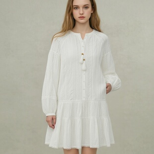 新品 Fab原白月光蕾丝纯棉提花灯笼袖 圆领白色连衣裙2026年春季