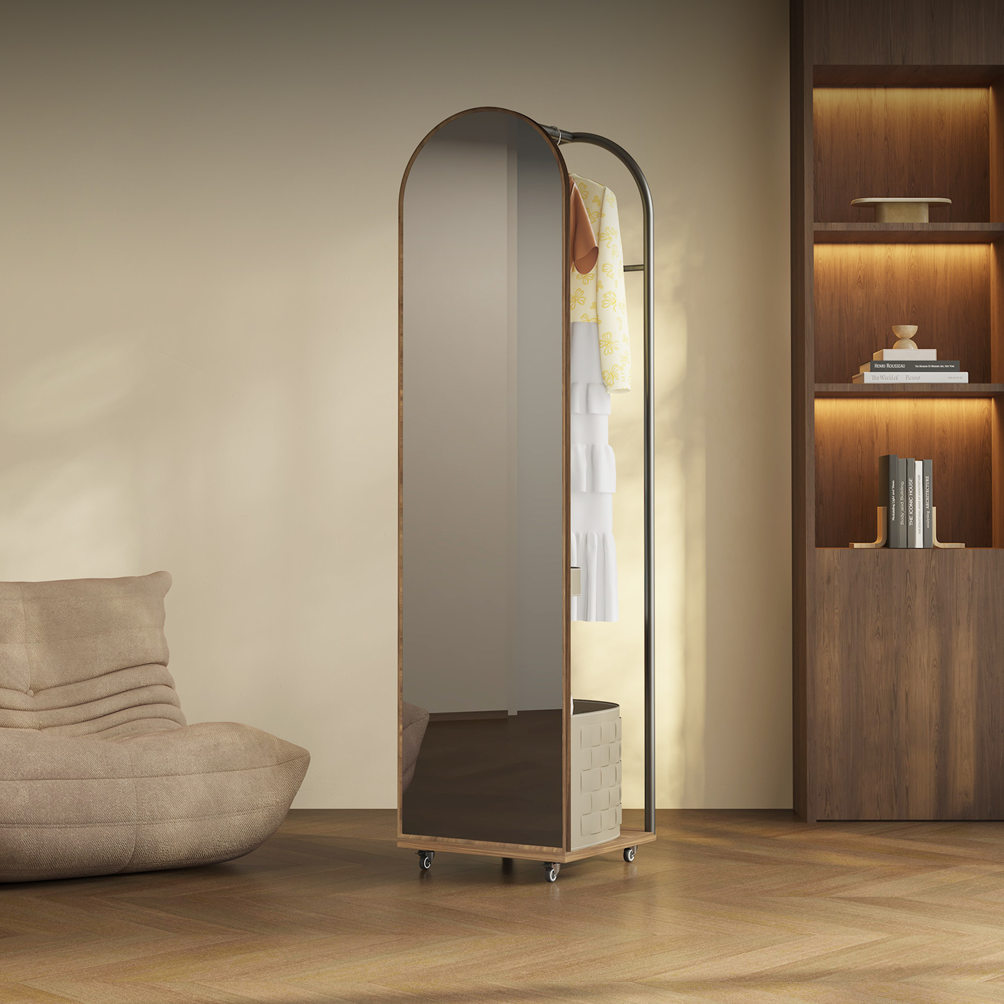 意式极简可旋转穿衣镜挂衣架一体