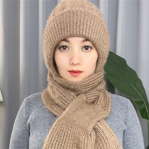 茉莉真丝羊绒店帽子秋冬季保暖女毛线帽加绒加厚帽子围巾一体编织