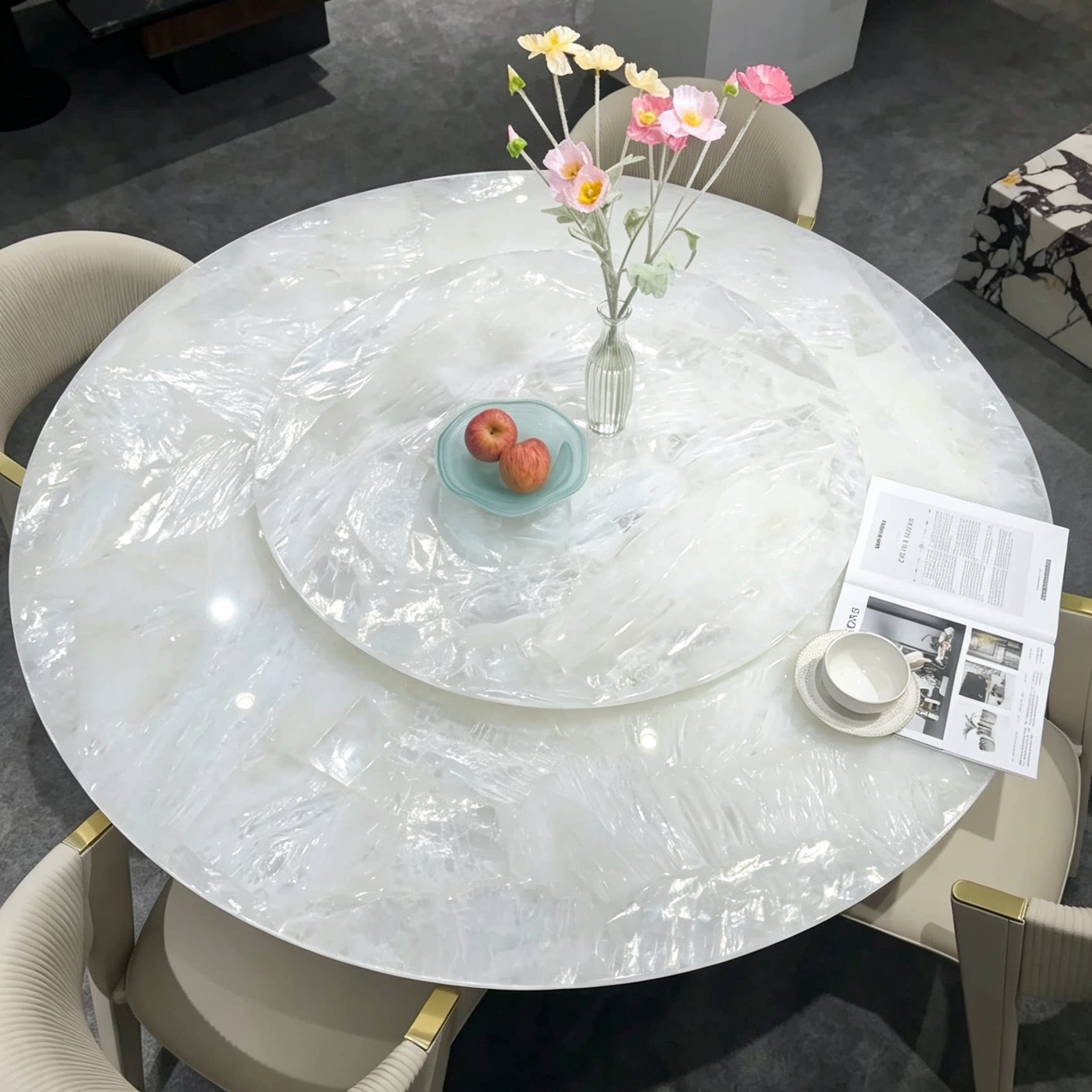 冰河世纪白玉翡翠白冰玉奢石餐桌大理石圆桌天然钻施华洛水晶轻奢