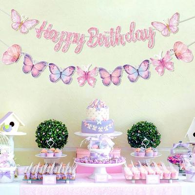 Pink Happy Birthday Banner With Butterfly Dancing Hanging Pe