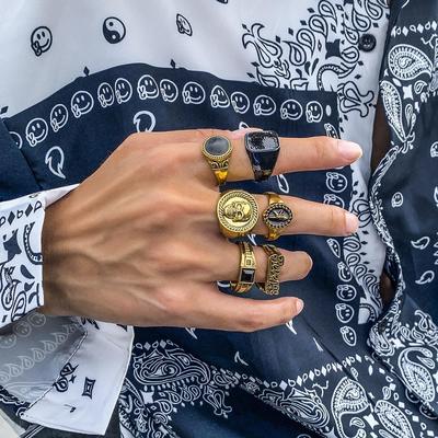 Sindlan 6Pcs Vintage Black Stone Rings for Men Gothic Skelet