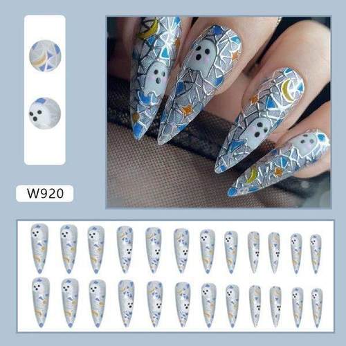 Relief Decor Silver Halloween Long Fake Nails Easy to Apply