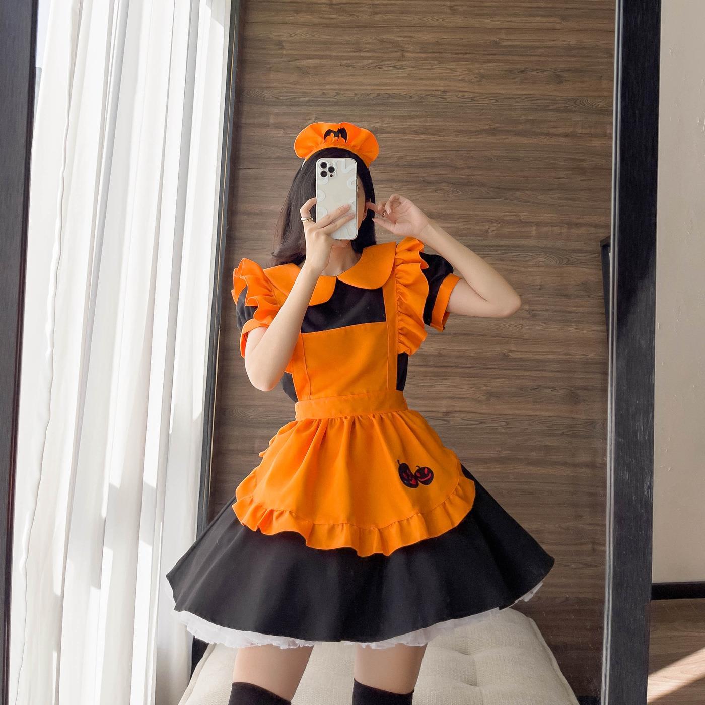Halloween Embroidery Maid Costume Pumpkin万圣节南瓜女仆服女