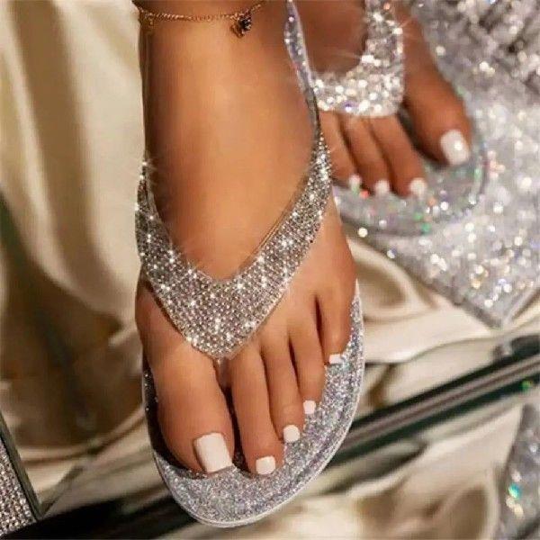 Rhinestone Summer Women Slippers Flat Heel Open Toe