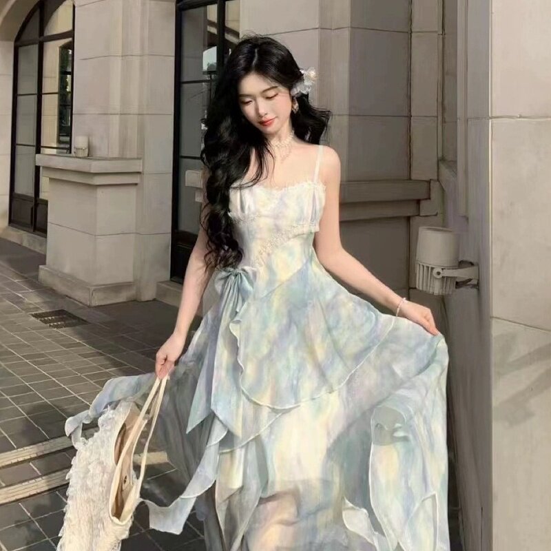 法式蓝色抹胸连衣裙女夏设计感小众超仙的公主长裙海边度假仙女