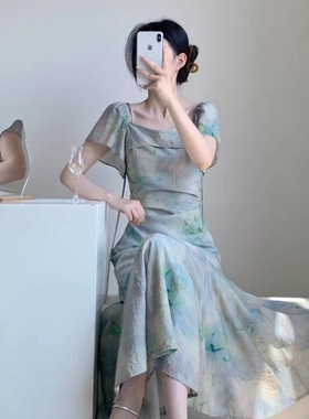 Meliss Lazy国风扎染方领泡泡短袖收腰修身鱼尾裙新中式长裙