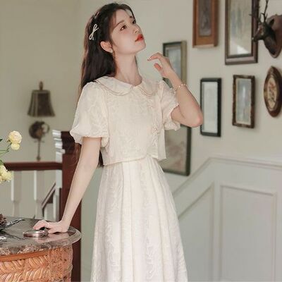 夏季新中式改良旗袍裙年轻款少女国风泡泡袖娃娃领法式甜美连衣裙