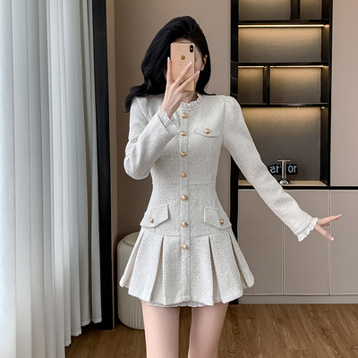 实拍法式小香风白色桔梗连衣裙女秋冬季新款小个子时尚高级感裙子