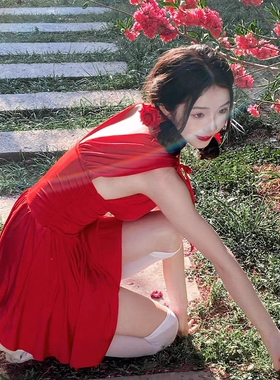 Meliss Lazy夏季温柔风收腰显瘦吊带短裙法式复古气质红色连衣裙