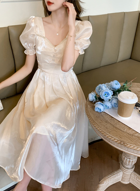 Meliss Lazy夏装新款女装法式优雅仙女裙短袖亮丝连衣裙女