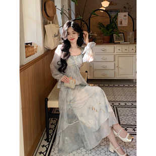 Blovelan雾霭鎏蓝 气质灰蓝色晕染仙气蝴蝶烫金荷叶边长袖连衣裙