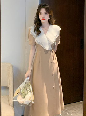 Meliss Lazy夏季新款法式复古V领荷叶边大翻领遮肉显瘦长款连衣裙