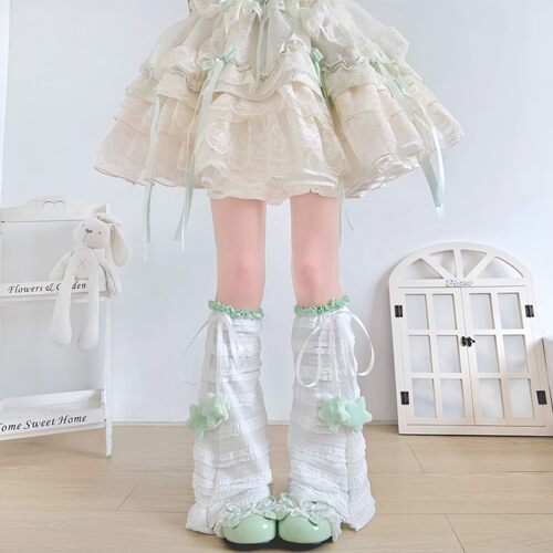 原创春夏甜美星星蝴蝶结绑带喇叭阔腿腿套薄Lolita堆堆袜套叠穿
