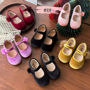 拜年战鞋女童丝绒公主鞋秋冬加绒女孩毛球玛丽珍防滑保暖单鞋时尚