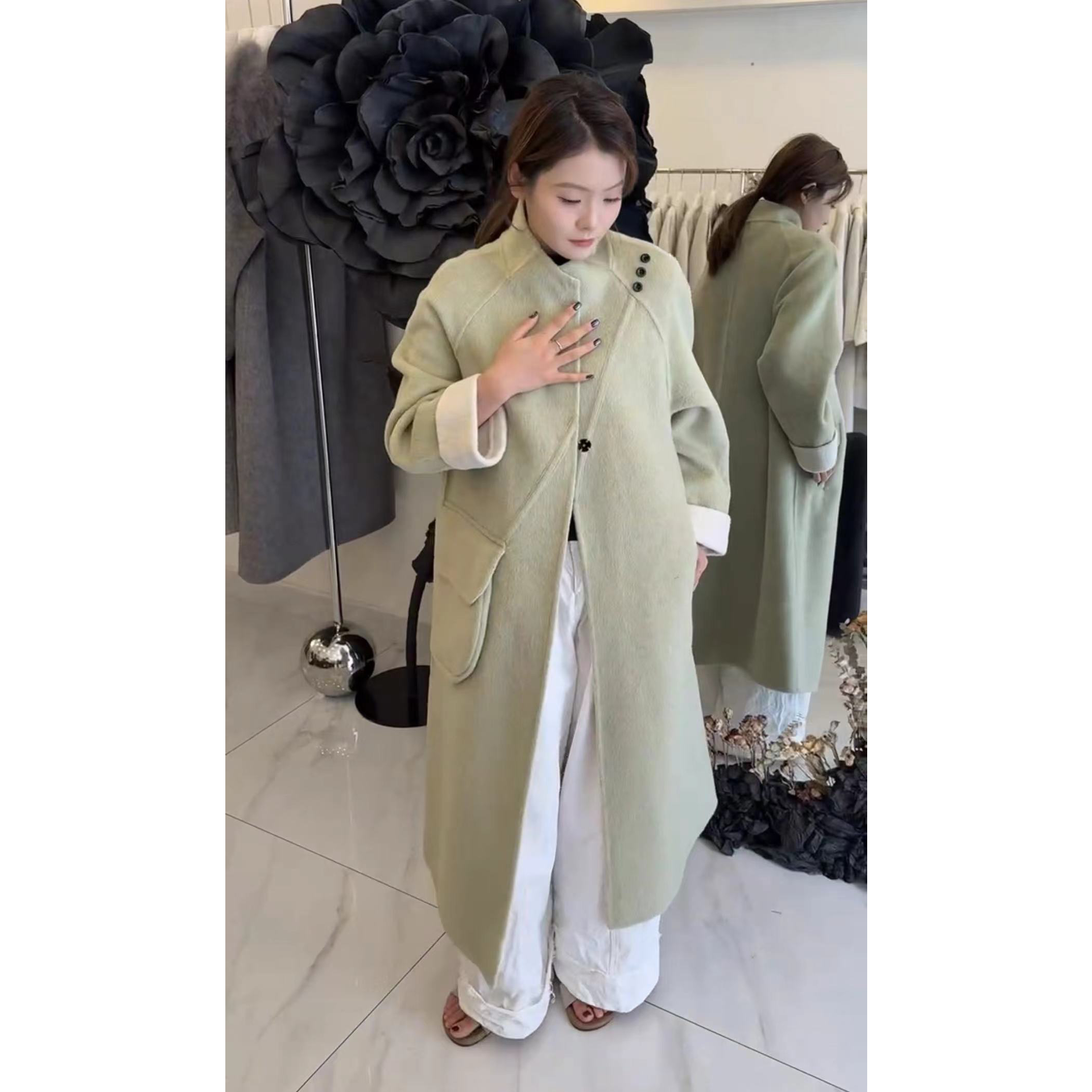 sparks秋冬新款双面羊毛女长款宽松显瘦立领外套女气质款韩版双面