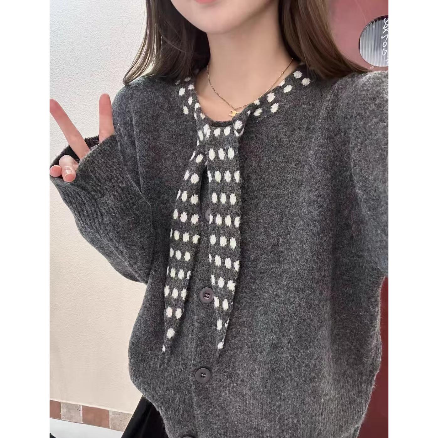 小香风洋气假两件波点针织开衫女秋冬美拉德高级感超好看毛衣上衣