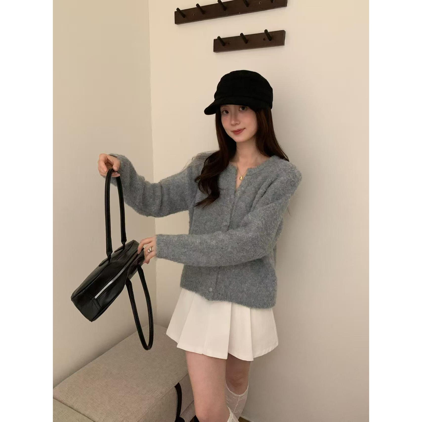 复古小众V领圈圈绒针织开衫女慵懒风韩版宽松百搭软糯毛衣外套