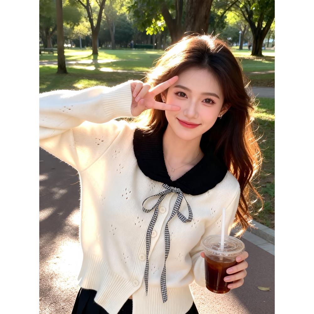 2026秋冬新款韩版洋气甜美蝴蝶结系带娃娃领修身针织衫上衣外穿潮