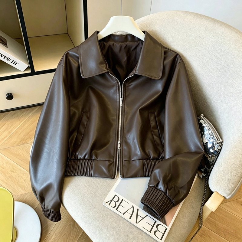 韩国chic复古高级感翻领拉链机车服皮衣小个子短款外套