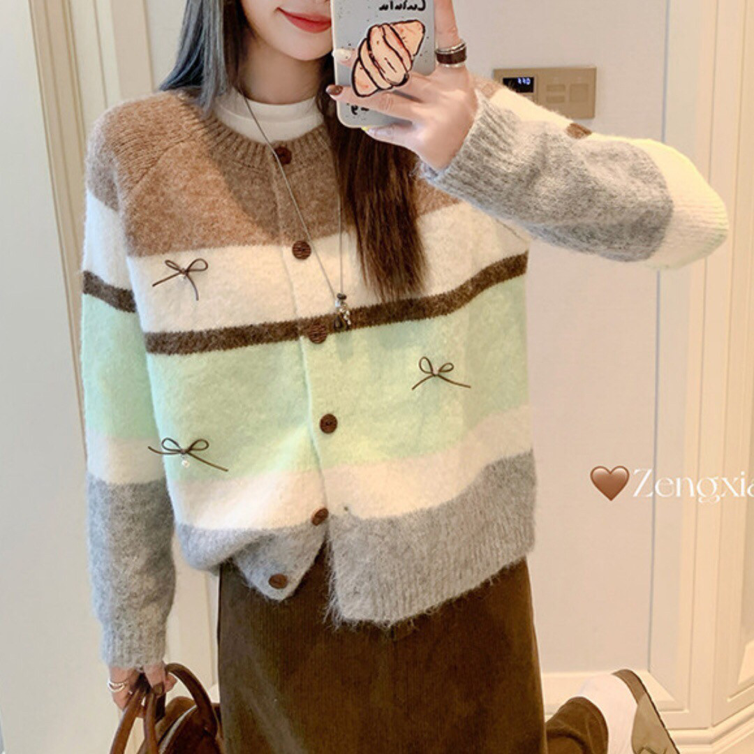 曾小咸 韩系撞色条纹毛衣开衫女秋冬季宽松慵懒针织外套上衣加厚