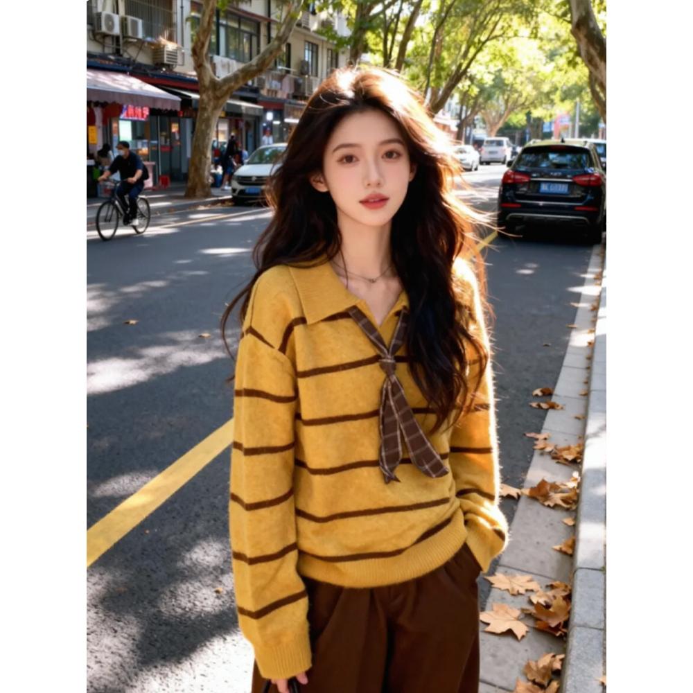 内搭毛衣女黄色加厚针织衫上衣春美拉德穿搭polo领毛线衣