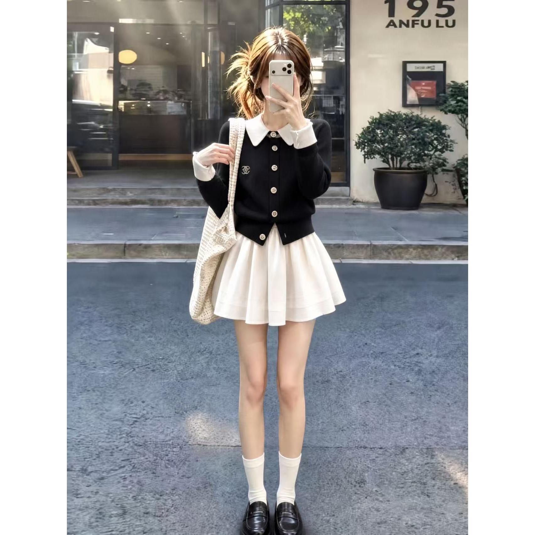 学院风早秋穿搭一整套撞色拼接假两件开衫毛衣百褶半身裙子两件套