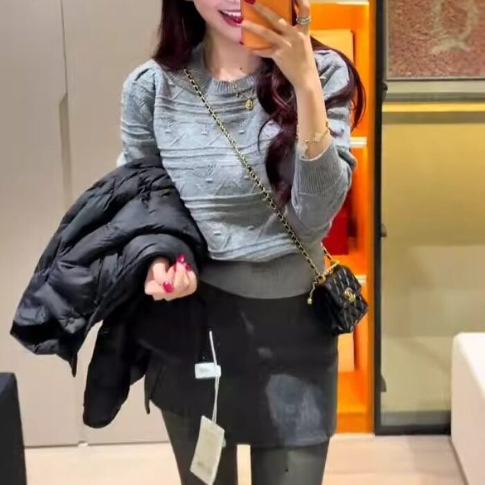 韩版 提花圆领泡泡袖加厚毛衣女秋冬新款修身显瘦保暖洋气上衣