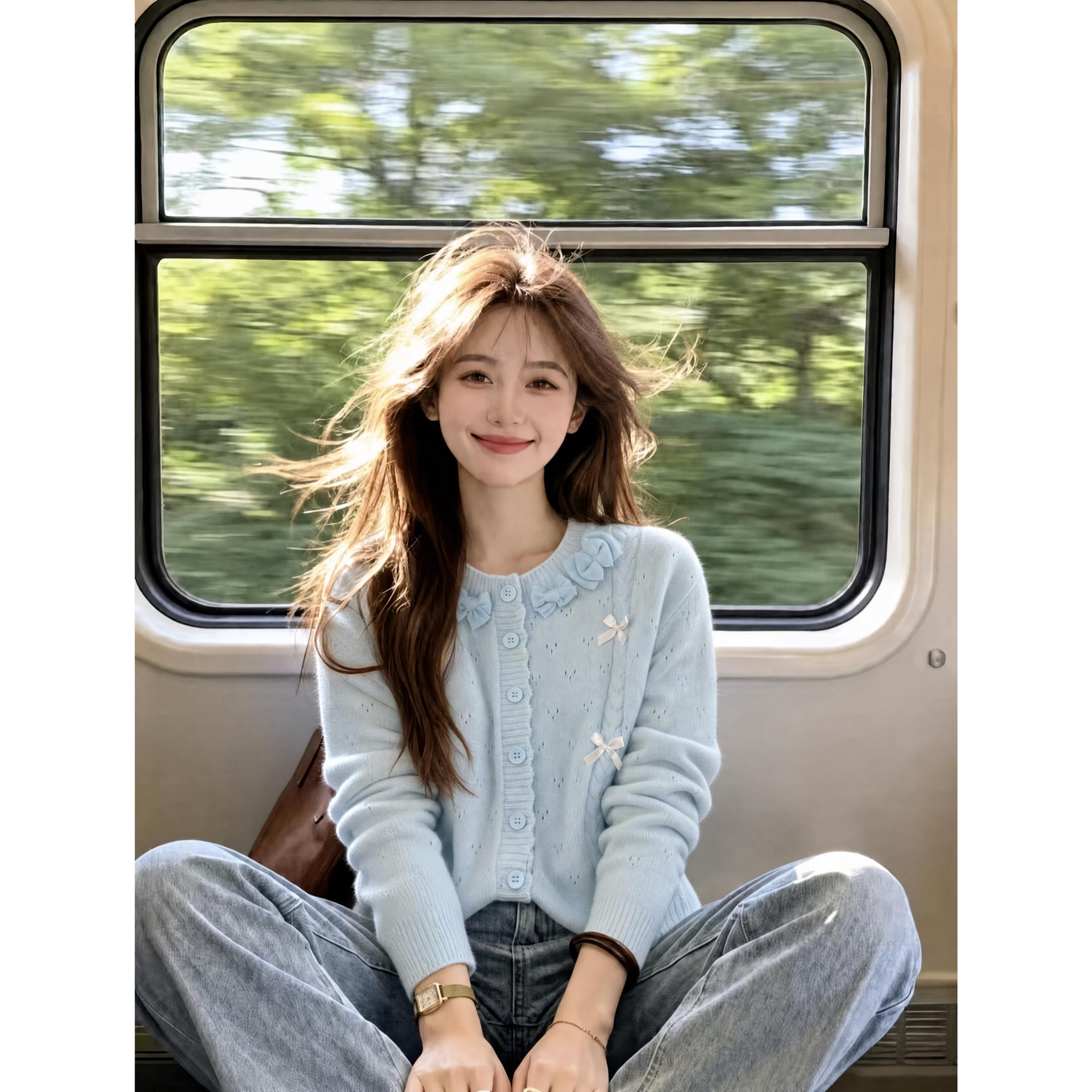 法式甜美圆领花边立体蝴蝶结针织外套女春秋新款温柔百搭减龄开衫