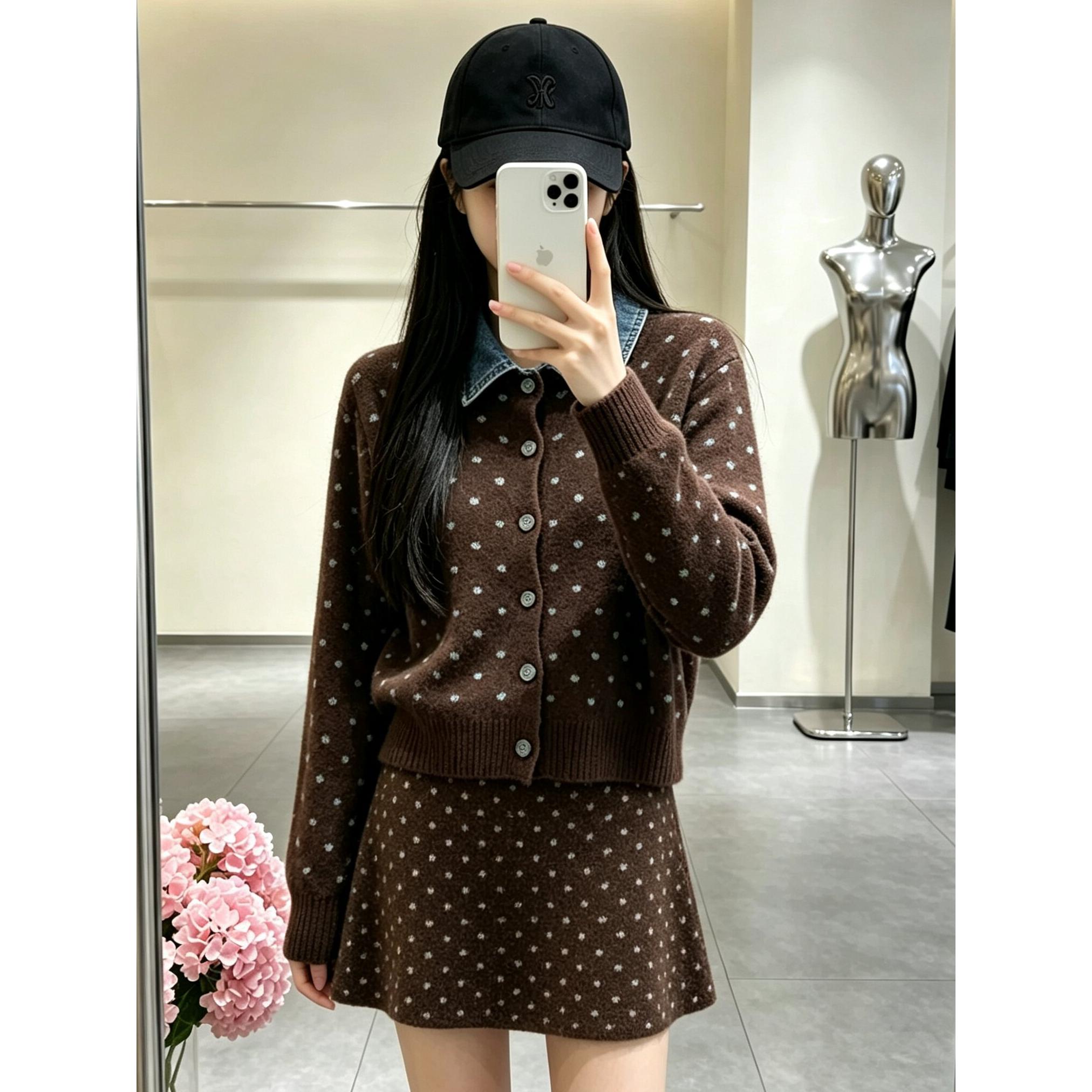 牛仔POLO领拼接波点针织开衫+半身针织裙套装秋冬季软糯减龄穿搭