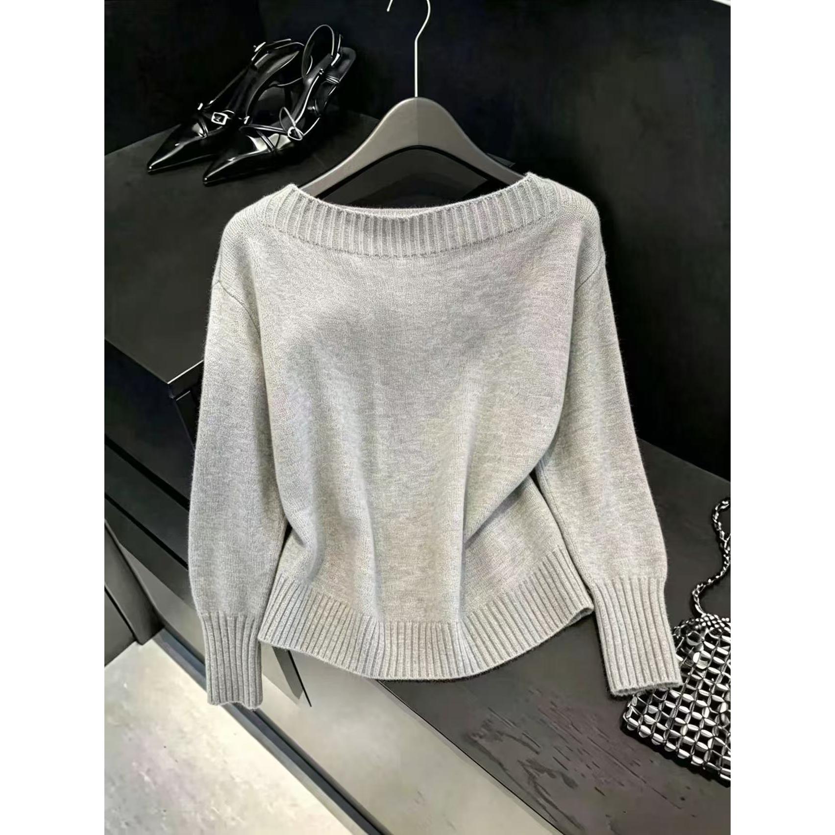 温柔风一字领长袖毛衣女秋季新款套头宽松慵懒感毛针织衫上衣
