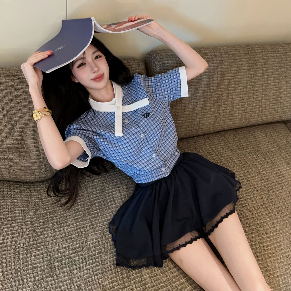 学院风纯欲风收腰显瘦格子衬衫气质上衣半身裙两件套装